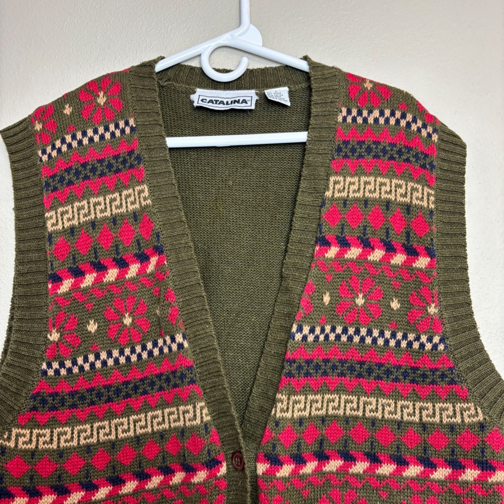 Vintage Catalina Fair‎ Isle Sweater Vest Womens Large Olive Green Pink Granny L - Picture 2 of 11